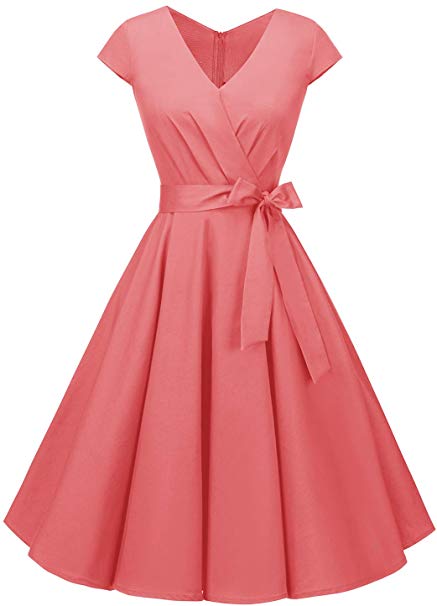 BeryLove Women's Rockbilly 1950s Vintage Dress Cocktail Swing Dress with Cap-Sleeves