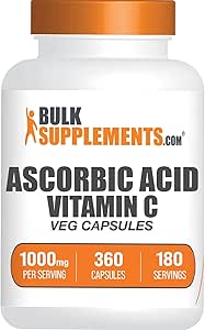 BulkSupplements.com Ascorbic Acid Capsules - Vitamin C Capsules, Vitamin C Supplement - Vitamin C 1000mg, Soy Free - 2 Capsules per Serving, 180-Day Supply, 360 Veg Capsules