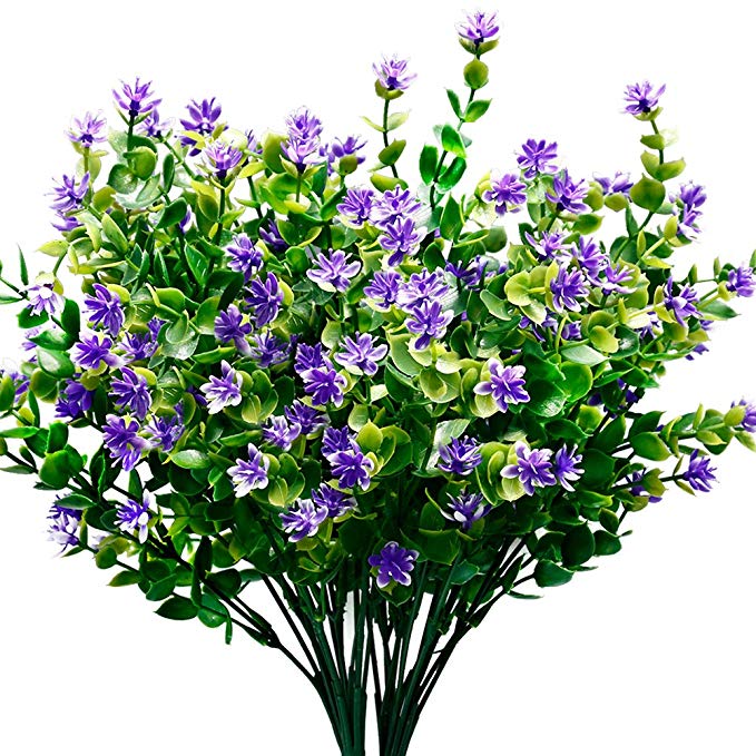 TEMCHY Artificial Flowers Faux Plants, Lifelike Fake Greenery Foliage Shrubs with Purple Baby’s Breath Flowers for Garden, Patio Yard, Wedding, Office and Farmhouse Indoor Outdoor Decor