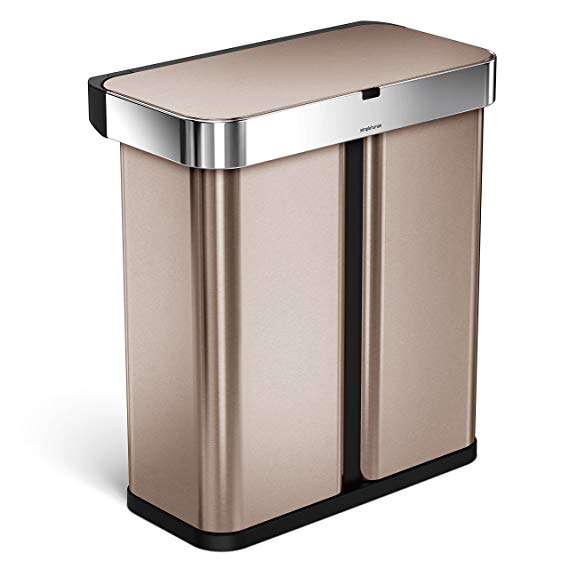 simplehuman 58 Liter / 15.3 Gallon Stainless Steel Touch-Free Dual Compartment Rectangular Kitchen Trash Can Recycler Motion Sensor, Voice Activated, Rose Gold Stainless Steel