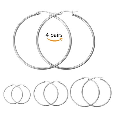 Calors Vitton 4 Pairs a Set 316L Stainless Steel Large Hoop Earrings for Women