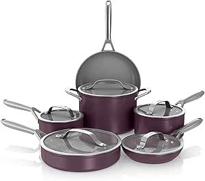 Ninja NeverStick Ceramic Pro 11-Piece Cookware Set, Non-Stick Pots and Pans, Glass Lids, Ceramic Coated, Stainless Steel, Stove to Oven Safe, All Stovetops, Induction Compatible, Cherry, CW39011RD