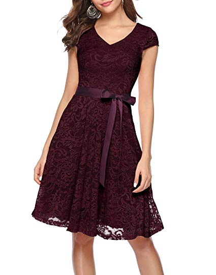 BeryLove Women's Floral Lace Short Bridesmaid Dress Cap Sleeve Cocktail Party Dress