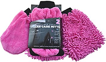 Car Wash Mitt & Duster (2 Pink Mitts) - Classic Car Accessories Gift Set - Dual-Sided Microfiber Washing Glove with Non-Scratch Scrubber Sponge on the Other Side - Bonus Dust & Dry Mitt Included