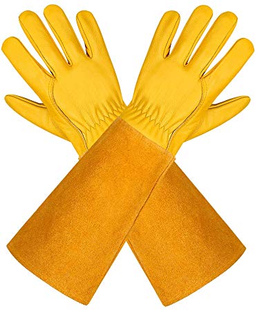 Leather Gardening Gloves for Women and Men - Isilila Breathable Rose Pruning Gloves with Thorn Proof Gauntlet, Long Cowhide Sleeves Garden Work Gloves for Gardener and Farmer (Medium, Yellow)