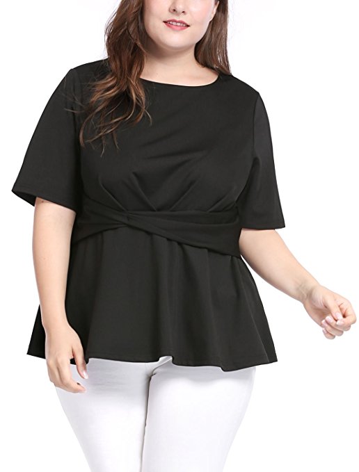 uxcell Agnes Orinda Women's Plus Size Short Sleeves Twisted Knot Front Peplum Top