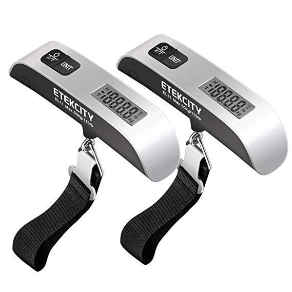 Etekcity Digital Hanging Luggage Scale, 110 Pounds, Rubber Paint, with Temperature Sensor and Tare Function, Portable Scale for Travel, Household and Gift, Silver, Battery Included (2 Pack)