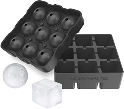 The Brothers Tod Silicone Large Ice Cube Mold & Ice Sphere Ball Mold (9 Balls with Lid) Combo Set