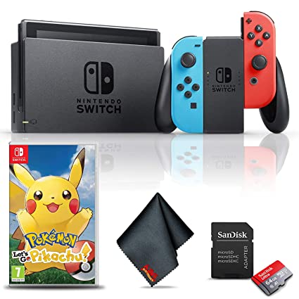 Nintendo Switch (Neon Blue/Red) Gaming Console Bundle with Pokemon: Let's Go Pikachu Game, 64GB Memory Card, and Cleaning Cloth