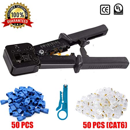 EZ RJ45 8p8c Crimp Tool Kit Cat5 Cat5e Cat6 Pass Through Crimping, Ethernet Crimper Network Tool for Passthrough and Legacy Connector with Many Practical Connectors and Covers