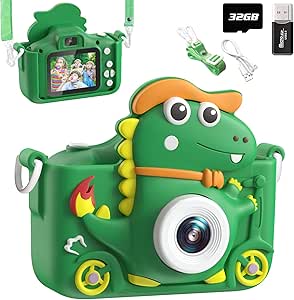 Macchina Fotografica Bambini Dinosauro, 2" 1080P Fotocamera Bambini, HD Selfie Fotocamera Per Bambini 32G, Regalo per bambino e bambina 3 4 5 6 7 8 9 10 11 12 Anni, Regali Giocattolo (Verde)