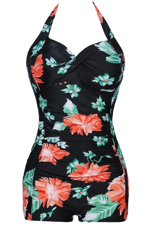 Saslax Elegant Floral Retro Inspired Boy-leg One Piece Ruched Maillot Swimsuit