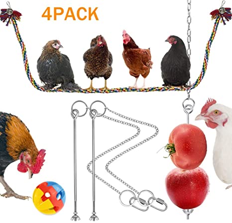 AprFairy Chicken Veggies Skewer Fruit Holder, Chicken Swing Climbing Ropes & Bell Ball Toys, Hanging Pet Feeder Toys Chicken Coop Supplies Suitable for Hens, Chicken