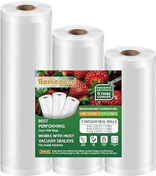 BoxLegend 3 Rolls Vacuum Sealer Bags 6 8 11 inch x 25 ft, Food Saver Vacuum Sealer Bags Rolls Fits inside Machine Sac Sous Vide Alimentaire Vacuum Seal Bags for Meal Prep, Food Storage, BPA Free, Heavy Duty