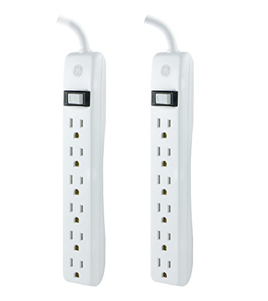 GE 6-Outlet General Purpose Surge Protector, 2-Pack, 450 Joules, 3ft. Cord, White, 14709