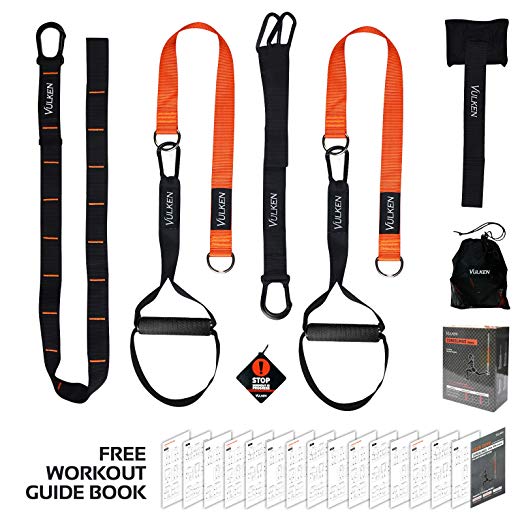 Vulken Suspension Trainer with Resistance Bands. CoreSlings Full Body Workouts with Multi Bodyweight Training Modes for Home Gym, Travel, and Outdoors. Including Workout Guide Book