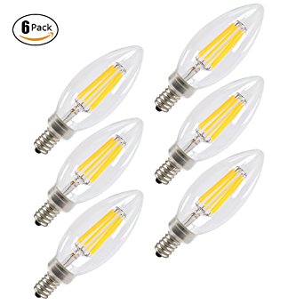 KINGSTAR B11 6W Dimmable LED Filament Candle Light Bulb, 60W Incandescent Replacement, E12 Candelabra Base Lamp Bullet Top, 2700K Warm White 600LM, UL Listed 6-Pack