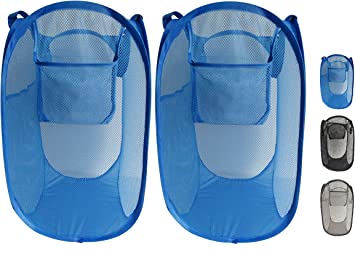 COSCOOL Lightweight Collapsible Stable Pop-Up Laundry Hamper with Side Pocket, Sturdy Durable Mesh Laundry Bags Storage Basket, 2 Pack, Blue