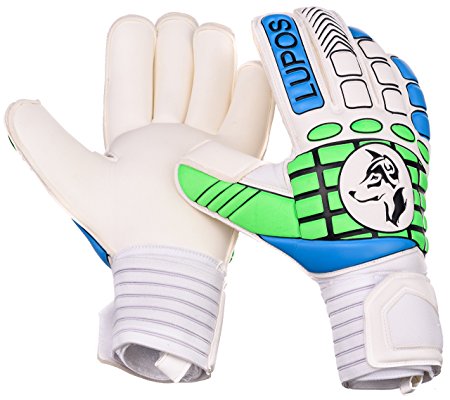 Goalie Gloves Youth, Kids, Adult - Lupos. Goalkeeper Gloves with Finger Protection to prevent hyperextension, 4 mm German latex Giga Grip palm, Double Padded Backhand and Double Length Wrist strap.
