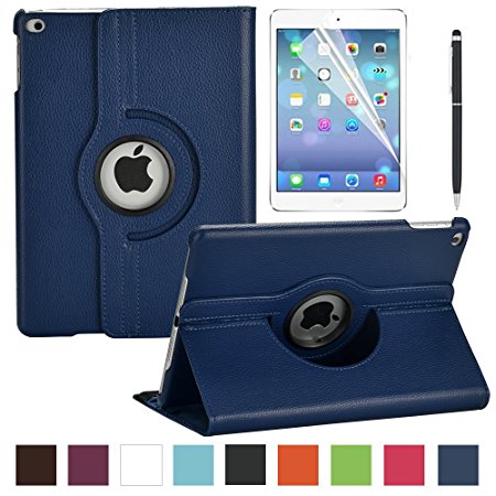 New iPad 2017 9.7" / iPad Air Leather Case,Soweiek 360 Degree Rotating Stand Smart Cover with Auto Sleep Wake for Apple iPad Air or New iPad 9.7 Inch 2017 Tablet   Screen Protector   Stylus, Navy Blue