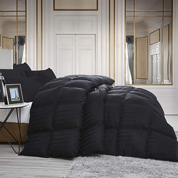 Luxurious All-Season Goose Down Comforter King Size Duvet Insert, Exquisite Black Stripe Design, 1200 Thread Count 100% Egyptian Cotton Down Proof Fabric, 750+ Fill Power, 65 oz Fill Weight