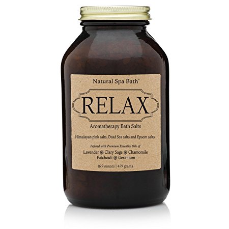 Relax Bath Salts Gift Set - 100% Natural Stress Relieving Aromatherapy Blend Made in USA with Essential Oils infused into Himalayan, Dead Sea and Epsom Salts includes Exfoliating Gloves