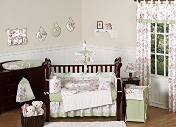 Sweet Jojo Designs Riley's Roses Pink and Sage Green Shabby Chic Floral Baby Girl Flower Bedding 9pc Crib Set