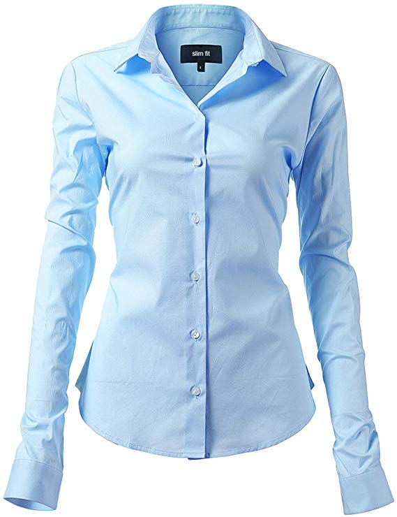 Harrms Womens Basic Long Sleeve Slim Fit Casual Button Up Shirt Stretch Formal Shirts