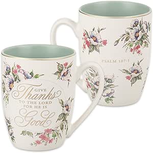 Christian Art Gifts Whitea and Mint Green Ceramic Coffee Mug with Gold Rim – 12 oz. Lead-free Multicolor Floral Coffee and Tea Mug for Women with Inspirational Bible Verse: Give Thanks - Psalm 107:1