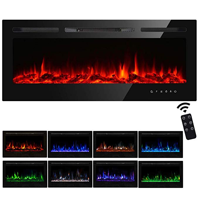 PieDle 50" Electric Fireplace, in Wall Recessed & Wall Mounted LED Heater, Log Set & Crystal, 5 Flame Settings, Realistic 9 Color Flame, Touch Screen, Remote Control, 750/1500W, Black (50 inch)