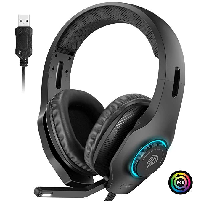 EasySMX Gaming Headset for PC, Headset with Mic, [7.1 Surround Sound], [Noise Reduction Mic], On-Earcup Control, RGB LED Lights, Professional PC Gaming Headset, Gaming Headphones for PS4, PS3, Laptop