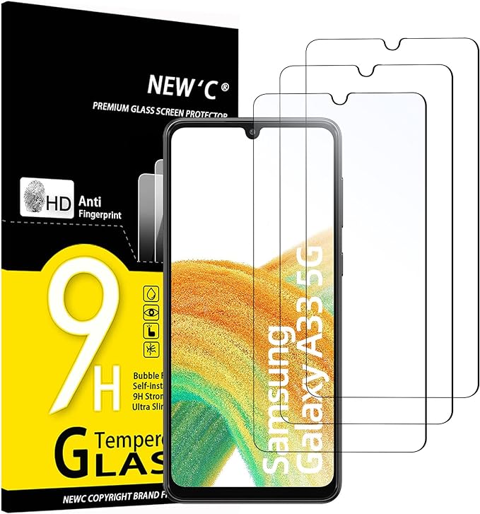 NEW'C 3 Piezas, Protector Pantalla para Samsung Galaxy A33 5G, Antiarañazos, Antihuellas, Sin Burbujas, Dureza 9H, 0.33mm Ultra Transparente, Vidrio Templado Ultra Resistente