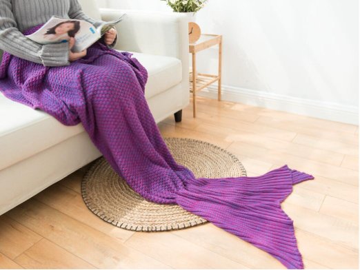 Hughapy® Handmade Soft Crochet Sea Mermaid Tail Blanket for Teen/ Adult,All Seasons Knitted Seatail Sleeping Bag,(Medium Adult,71*32IN,Purple)