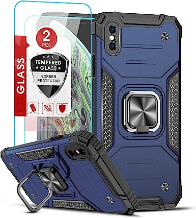 LeYi Compatible with iPhone Xs Max Phone Case, with [2 x Tempered Glass Screen Protector] for Men Women, [Military-Grade] Protective Phone Cover Case with Ring Kickstand for iPhone Xs Max 6.5’’, Blue