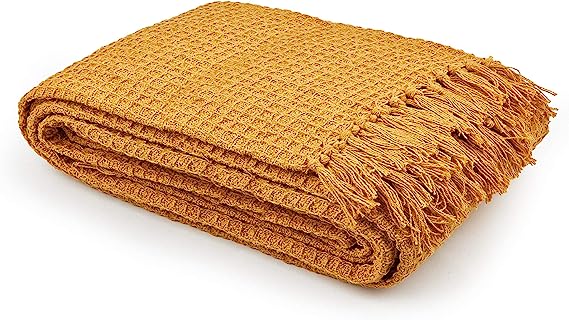 StylemyBedroom 100% Cotton Woven Honeycomb Waffle Sofa/Bed Throw (Ochre, 180cm x 254cm (70" x 100"))