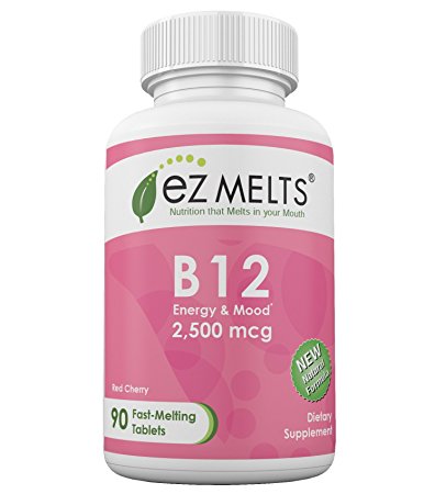 EZ Melts Vitamin B12, 2,500 mcg, Fast Melting Tablets, Cherry, 90 Count.