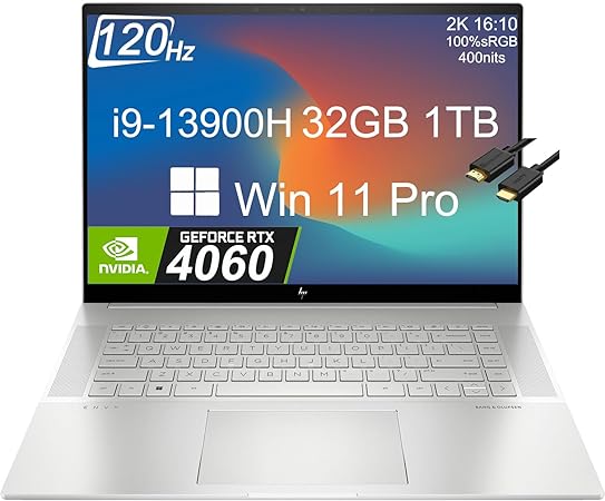 HP Envy 16 16.0" 120Hz 2K Touchscreen (Intel 13th Gen i9-13900H, 32GB DDR5 RAM, 1TB SSD, NVIDIA GeForce RTX 4060 8GB) Workstation & Backlit Gaming Laptop, IST HDMI Cable, WiFi 6E, Win 11 Pro, Sliver