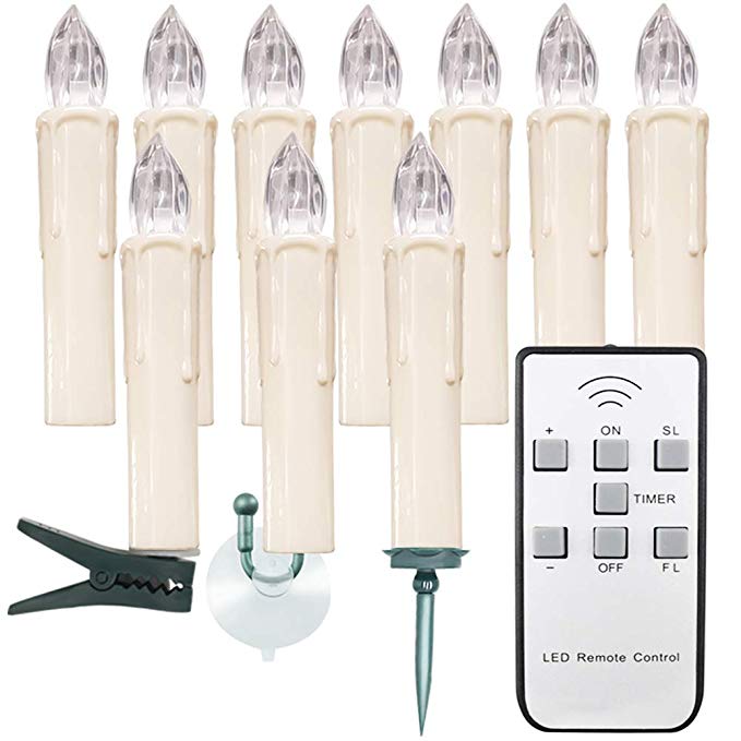 【Timer 10 Pcs】Indoor and Outdoor LED Window Flameless Taper Candles Flickering Votive Unscented Battery Operated Electric TeaLights with Remote for Gift Party Wedding Holiday Tree Garden