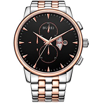 BUREI Men's Chronograph Wirst Watches Stainless Steel Multifunction Analog Quartz with Rose Gold Hand
