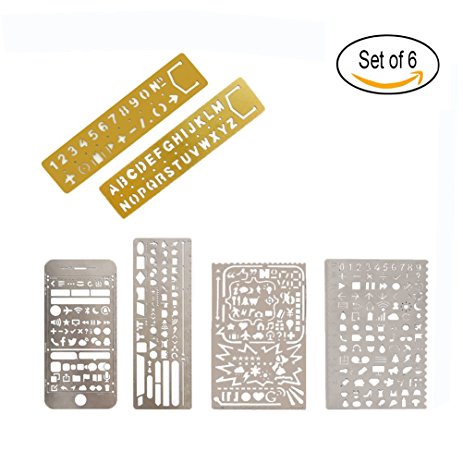 Stainless Steel Drawing Ruler Pack of 6 Painting Stencils Scale Template Sets for Journaling, Scrapbooking, Card and Craft Project（Brass Alphabet and Number Graffiti Web UI IOS Life element）