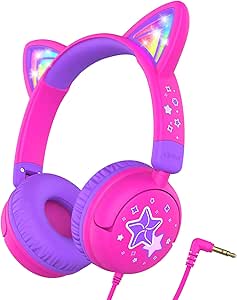 iClever Casque Audio Enfant, d'oreilles de Chat avec Éclairage LED, Volume Limité 85dba, Son Stéréo, Casque d'Écoute pour Enfants Pliable avec Fil 3.5 mm, pour ipad, Tablettes, Voyages, l'École