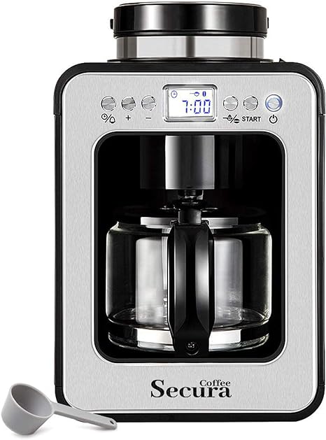 Secura Coffee Automatic Coffee Maker with Grinder, Programmable Grind and Brew Coffee Machine for use with Ground or Whole Beans, 17 oz Glass Carafe, Black (CM6686AT)