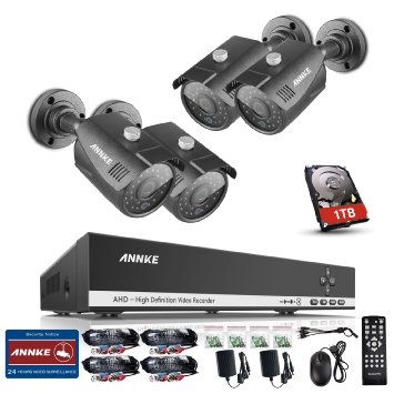 Annke 960P Analog HD 4CH Security DVR System with Four 1.3 MP 1280*960P CCTV Bullet Cameras   1TB Hard Drive Pre-Installed HD for 24/7 Recording, Day/Night Vision, IP66 Weatherproof , Quick QR Code Smartphone Access, USB Backup