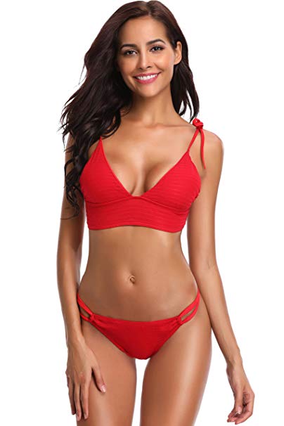 SHEKINI Women's Two Pieces Solid Shirred Bandage Bikini Swimsuit