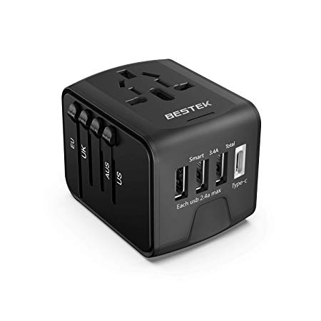 BESTEK Universal Travel Adapter with USB C Charger, All in One Worldwide AC Outlet Plug Converter for US UK Europe AUS More Than 150 Countries, 1 AC Outlet   1 Type-C Port   3 USB Ports