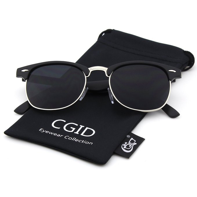 Clubmaster Inspired Half Frame Horn Semi-Rimless Rimmed Sunglasses with Metal Rivets