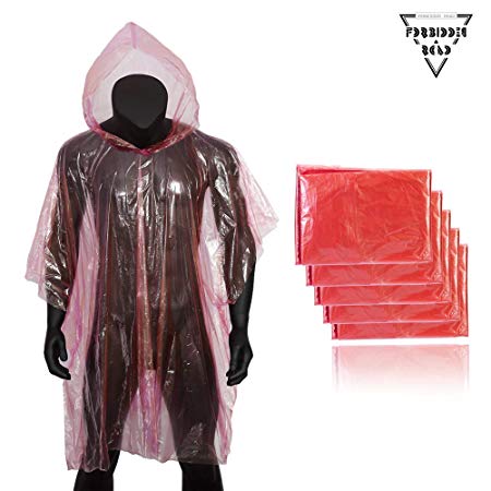 Forbidden Road Poncho with Hood 5 Pack (One Size Fit All) Emergency Disposable Rain Poncho Cover Raincoat Lightweight Super Waterproof for Camping Hiking Backpacking Traveling Fishing Outdoor