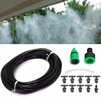 KINGSO 10M Home Garden Patio Misting Micro Flow Drip Irrigation Misting Cooling System with 10pcs Plastic Mist Nozzle Sprinkler for Plant Flower