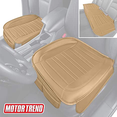 Motor Trend Beige Universal Car Seat Cushions, Full Set Front and Rear Bench – Padded Luxury Cover with Non-Slip Bottom & Storage Pockets, Faux Leather Cushion Cover for Car Truck Van and SUV