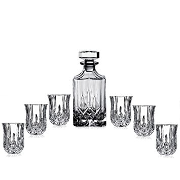 Elegant Crystal Liquor Whiskey and Wine Decanter Bar Set. Irish Cut 7 Piece Set 1 Decanter 450ml. 6 Tulip-shaped 2oz Shot Glasses